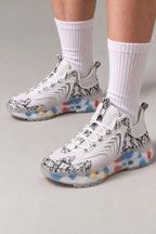 Bubble Sole Chunky Sneakers 'Awadama' – white version with black marble print and clear bubble sole, Japanese streetwear sneakers worn with white socks, on model
