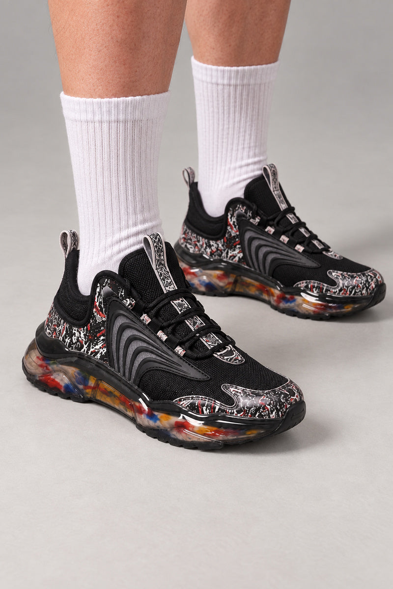 Bubble Sole Chunky Sneakers 'Awadama' – black version of the marbled chunky sneakers with bubble sole, Japanese streetwear sneakers worn with white socks, on model