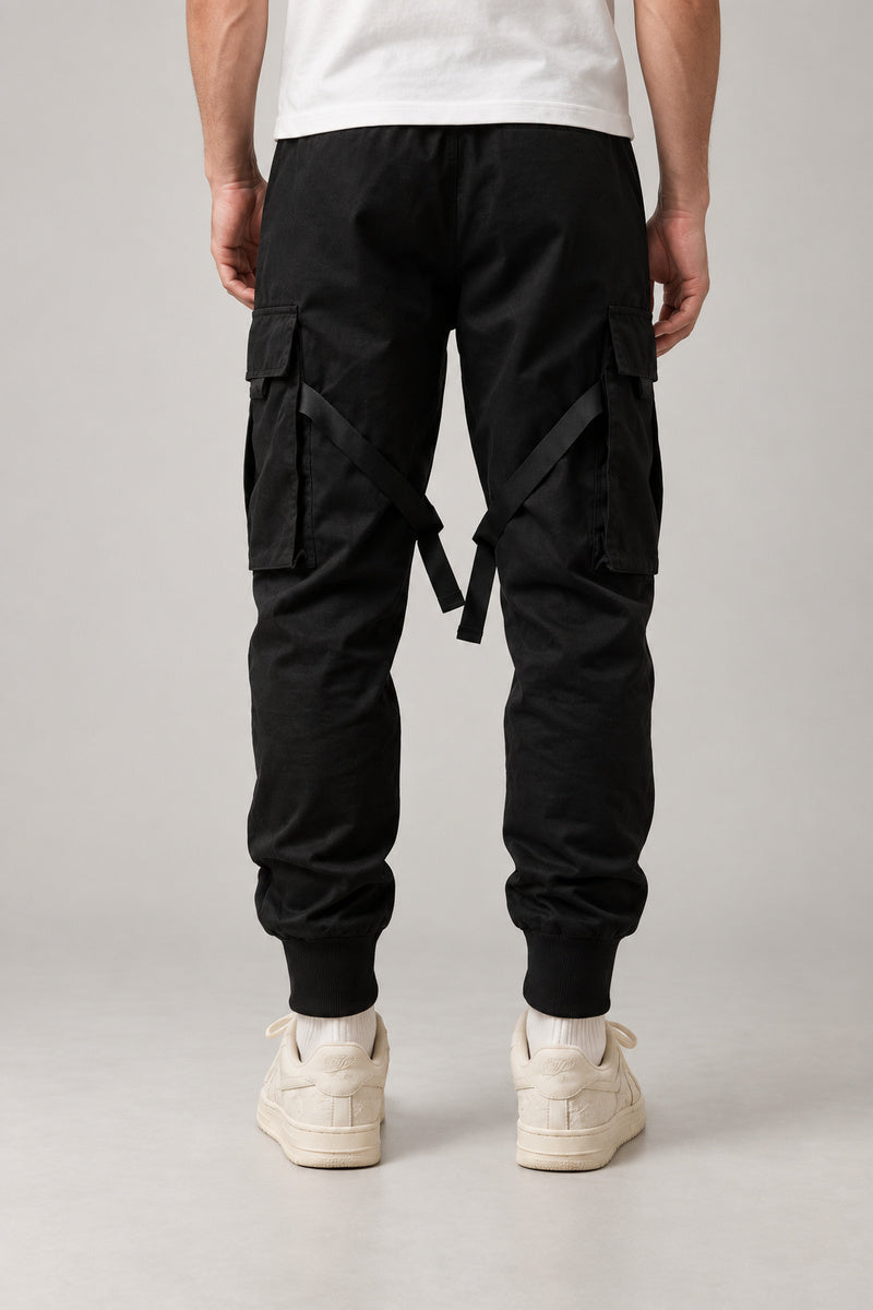 Buckle Strap Techwear Joggers 'Kusari' – back view of the black buckle strap techwear joggers