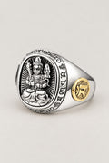 Buddhist Signet Ring 'Bosatsu' – sterling silver signet ring with seated bodhisattva on oval face, Sanskrit border and gold seals, Japanese Buddhist ring, studio view
