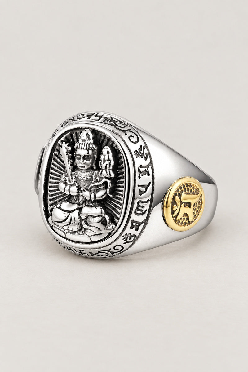 Buddhist Signet Ring 'Bosatsu' – sterling silver signet ring with seated bodhisattva on oval face, Sanskrit border and gold seals, Japanese Buddhist ring, studio view