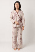 Butterfly Garden Sleep Set 'Botanchou' – cream women's sleep set with butterfly and peony print and side-tie top, Japanese style pyjamas, front view on model