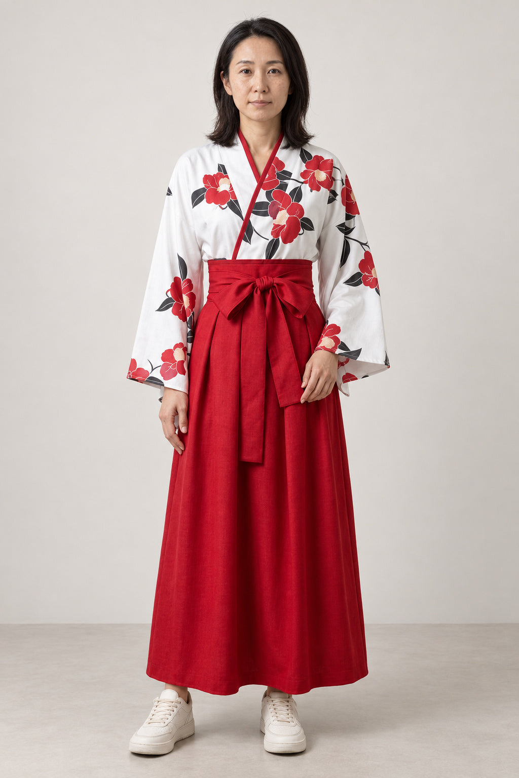 Camellia Kimono Maxi Skirt Set 'Chinka' – white kimono style wrap top with red camellia print and red maxi skirt, Japanese two-piece dress set, front view on model
