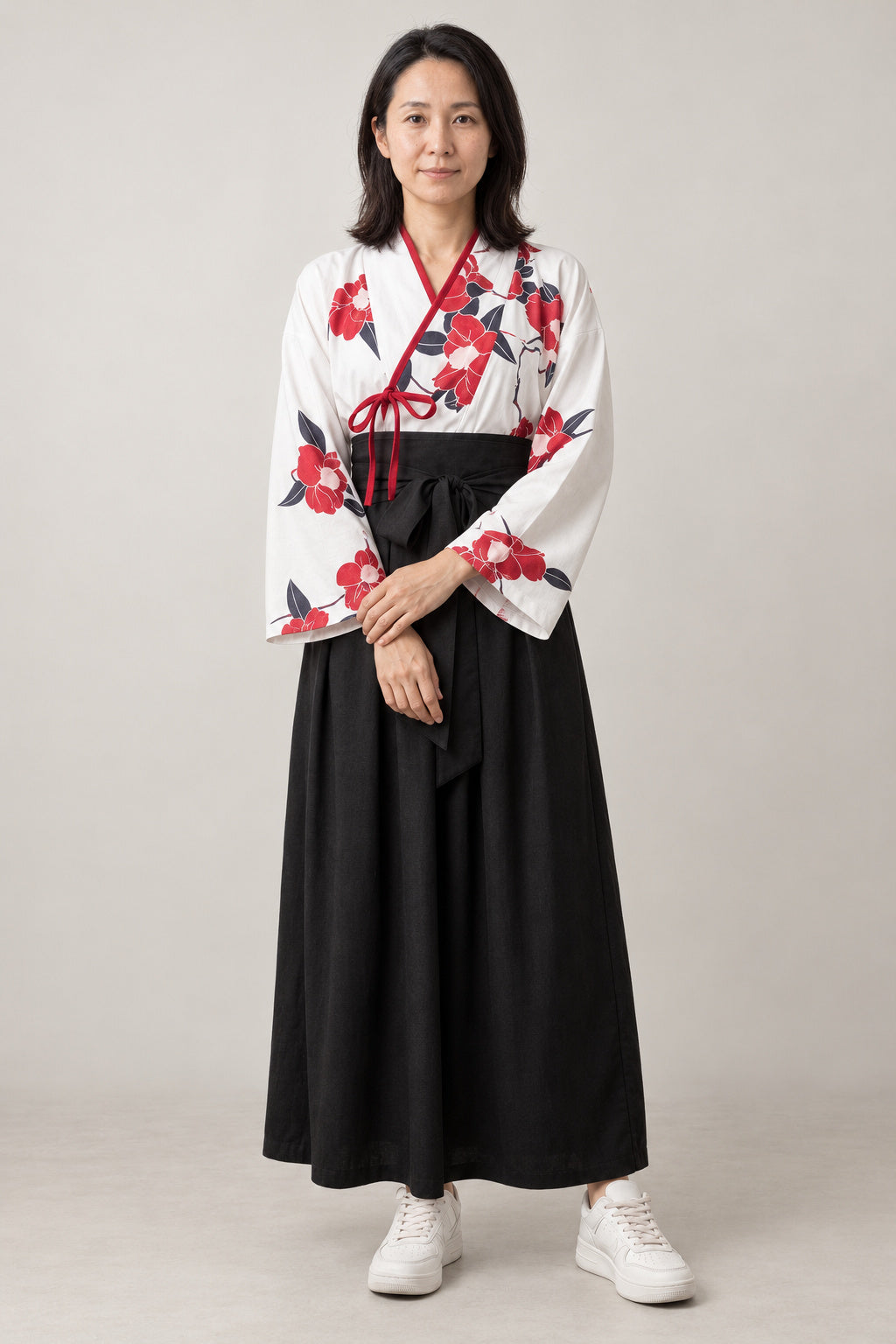 Camellia Kimono Maxi Skirt Set 'Chinka' – black skirt version of the camellia kimono top and maxi skirt set, Japanese two-piece outfit, front view on model