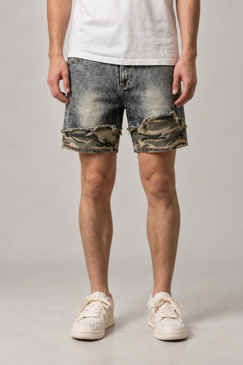 Camo Cuff Denim Shorts 'Meisai' – grey acid wash denim shorts with camouflage turn-up cuffs, Japanese streetwear shorts, front view on model