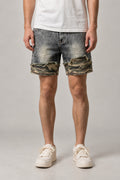Camo Cuff Denim Shorts 'Meisai' – grey acid wash denim shorts with camouflage turn-up cuffs, Japanese streetwear shorts, front view on model