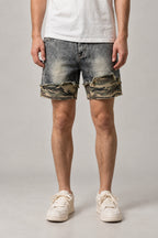 Camo Cuff Denim Shorts 'Meisai' – grey acid wash denim shorts with camouflage turn-up cuffs, Japanese streetwear shorts, front view on model