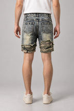 Camo Cuff Denim Shorts 'Meisai' – back view of the grey acid wash denim shorts, on model