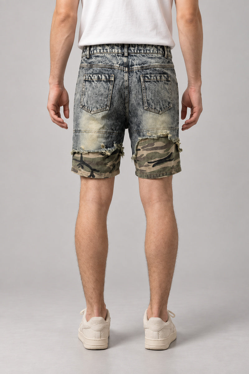Camo Cuff Denim Shorts 'Meisai' – back view of the grey acid wash denim shorts, on model