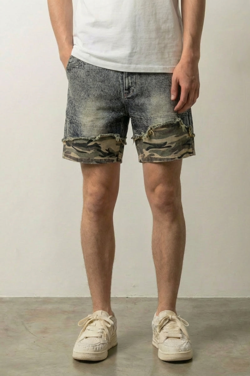 Camo Cuff Denim Shorts 'Meisai' – grey acid wash denim shorts with camouflage turn-up cuffs, front view on model, studio