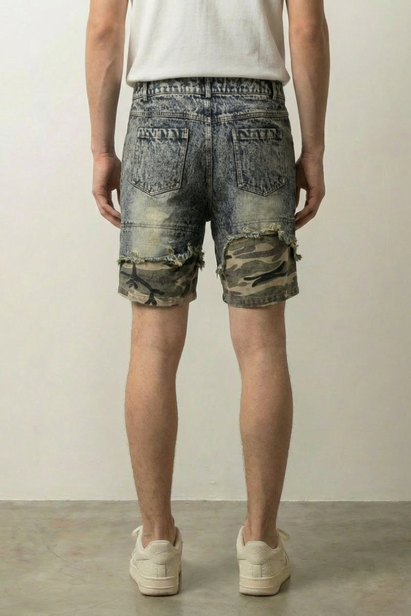 Camo Cuff Denim Shorts 'Meisai' – back view on model, studio