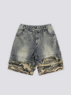 Camo Cuff Denim Shorts 'Meisai' – flat lay front view of the grey acid wash denim shorts