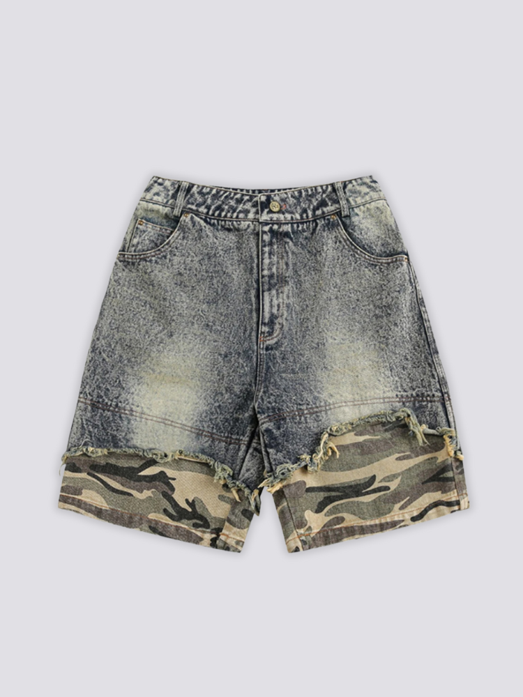 Camo Cuff Denim Shorts 'Meisai' – flat lay front view of the grey acid wash denim shorts