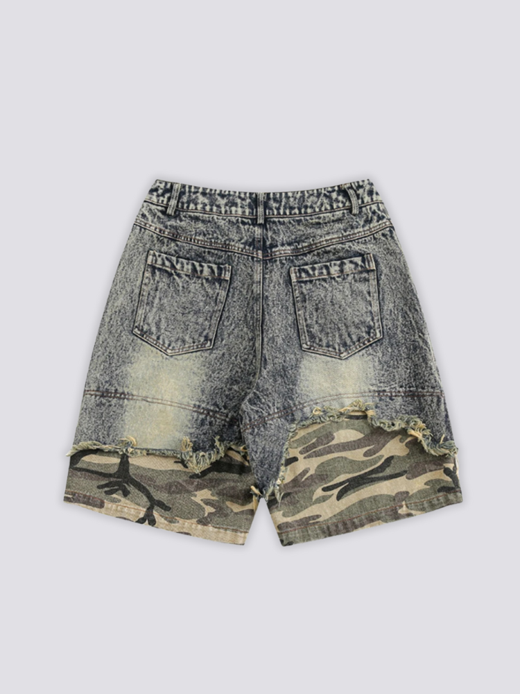 Camo Cuff Denim Shorts 'Meisai' – flat lay back view of the grey acid wash denim shorts