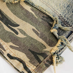 Camo Cuff Denim Shorts 'Meisai' – close-up detail of the camo cuff and washed denim