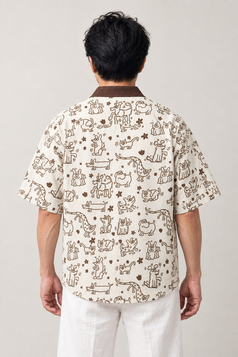 Cartoon Animal Doodle Shirt 'Rakugaki' – back view of the cream animal doodle print shirt