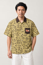 Cartoon Animal Doodle Shirt 'Rakugaki' – yellow version of the cartoon animal doodle shirt, front view on model