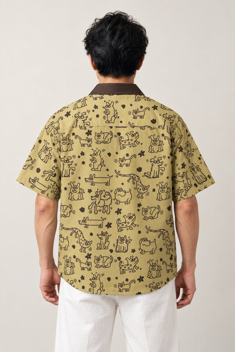 Cartoon Animal Doodle Shirt 'Rakugaki' – back view of the yellow animal doodle print shirt