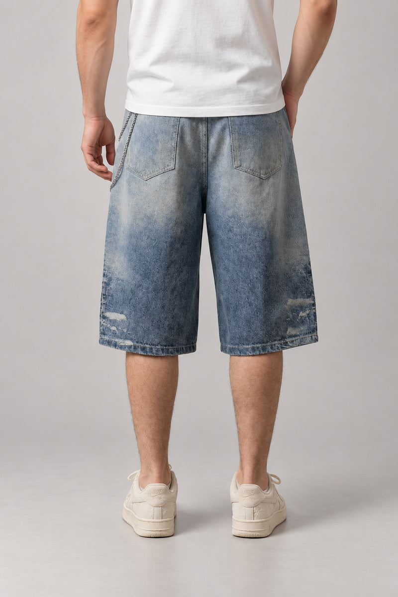 Chain Print Baggy Denim Shorts 'Kusarimon' – back view of the blue washed baggy denim shorts, on model