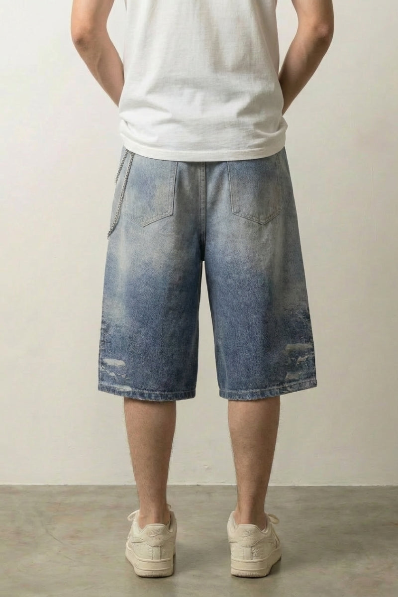 Chain Print Baggy Denim Shorts 'Kusarimon' – back view on model, studio