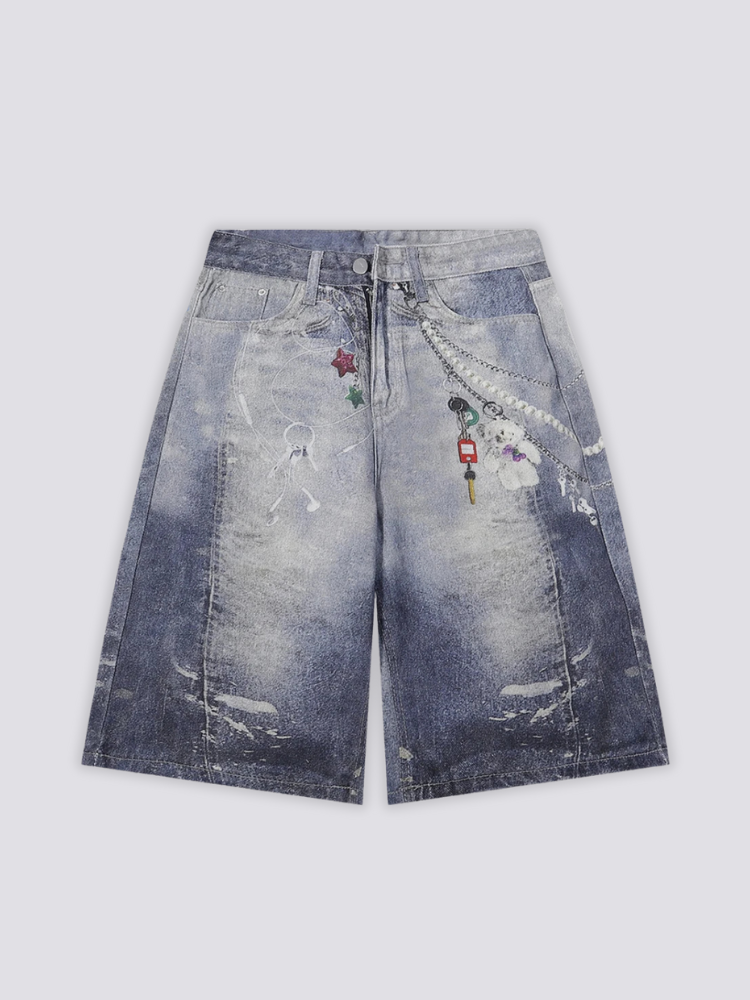 Chain Print Baggy Denim Shorts 'Kusarimon' – flat lay front view of the blue washed baggy denim shorts