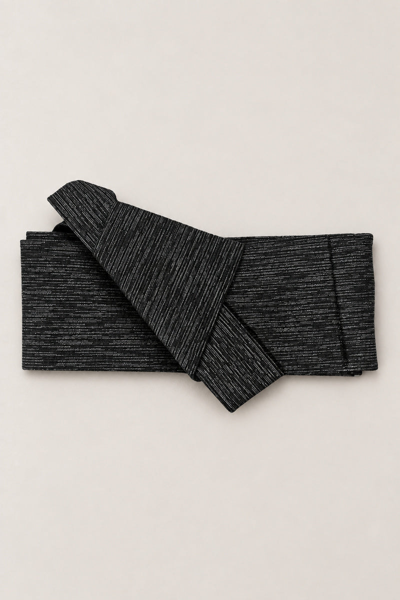 Charcoal Obi Sash Belt 'Nibi' – charcoal streaked weave obi belt, narrow pre-tied Japanese obi belt with sewn knot and hidden adjustable closure, for kimono, yukata or jinbei, studio view