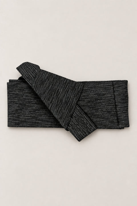 Charcoal Obi Sash Belt 'Nibi' – charcoal streaked weave obi belt, narrow pre-tied Japanese obi belt with sewn knot and hidden adjustable closure, for kimono, yukata or jinbei, studio view