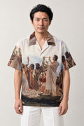 Classical Art Button Up Shirt 'Nagisa' – short sleeve button up shirt with classical painting print, Japanese streetwear camp collar shirt, front view on model