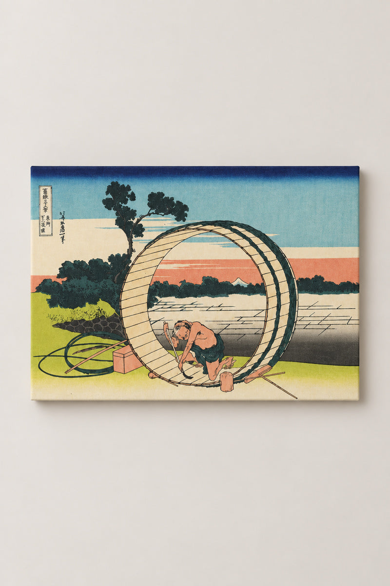 Cooper Fujimigahara Ukiyo-e Print 'Bishu' – Fujimigahara in Owari, cooper inside a giant barrel with Fuji seen through it from Hokusai's Thirty-six Views of Mount Fuji, ukiyo-e canvas print on wooden frame, Japanese wall art, studio view