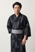 Cord Pattern Kimono 'Kumihimo' – black men's kimono with grey braided cord and crest pattern and grey obi, Japanese yukata robe, front view on model