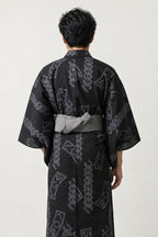 Cord Pattern Kimono 'Kumihimo' – back view of black cord pattern men's kimono with grey obi