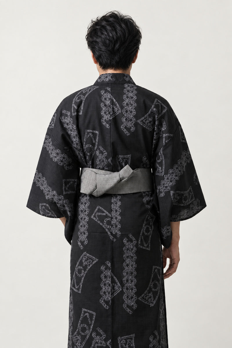 Cord Pattern Kimono 'Kumihimo' – back view of black cord pattern men's kimono with grey obi