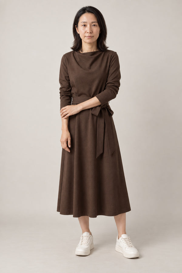 Cowl Neck Japanese Winter Dress 'Fuyugomori' – brown cowl neck long sleeve midi dress with tie belt, Japanese style winter dress, front view on model