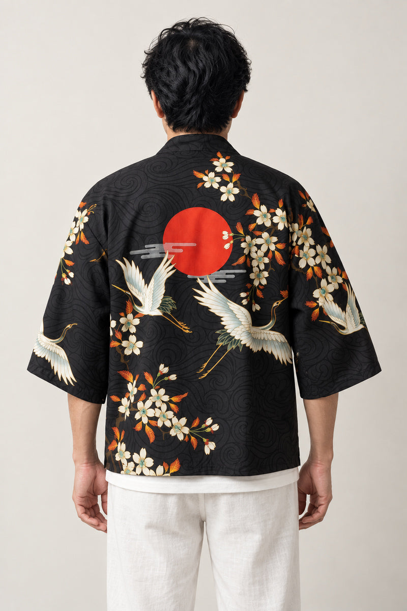 Crane and Red Sun Haori Jacket 'Chitose' – back view of black haori showing flying cranes, sakura and the red sun print