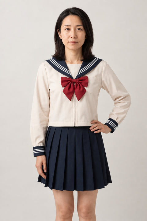 Cream and Navy Seifuku Set 'Azuki' – cream long sleeve sailor top with navy collar, red bow and navy pleated skirt, Japanese school uniform seifuku set, sailor top and pleated skirt, front view on model