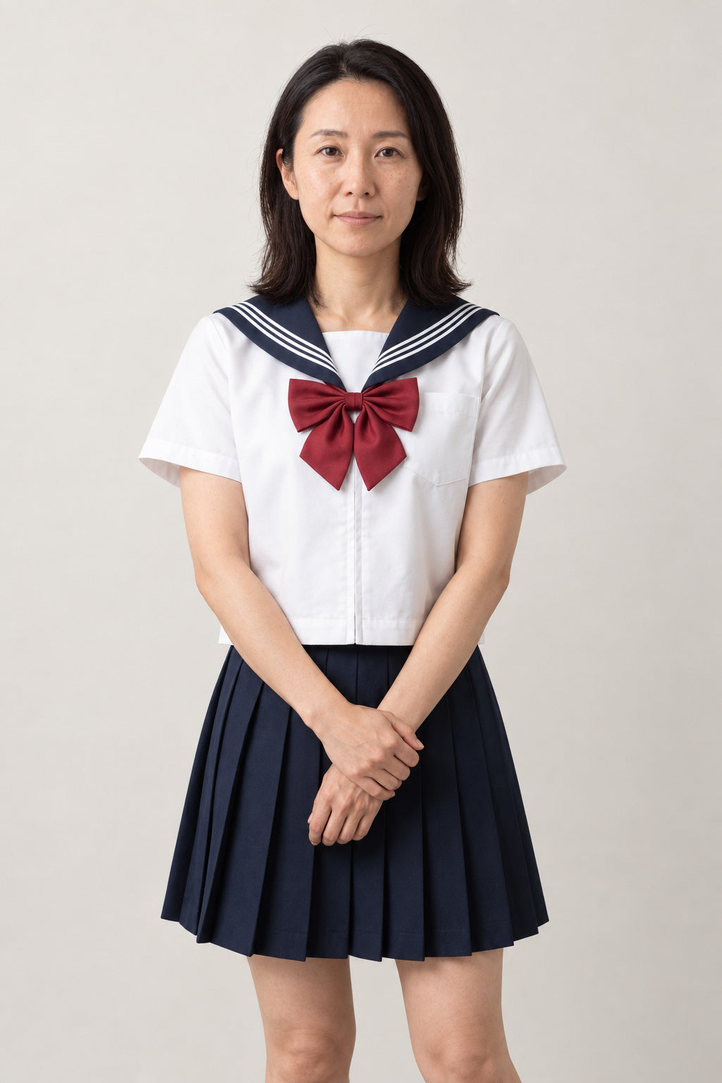 Cream and Navy Seifuku Set 'Azuki' – white short sleeve summer version with navy collar, red bow and navy pleated skirt, front view on model