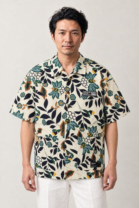 Cream Botanical Aloha Shirt 'Konoma' – cream short sleeve aloha shirt with dark botanical leaf print, Japanese style Hawaiian shirt, front view on model