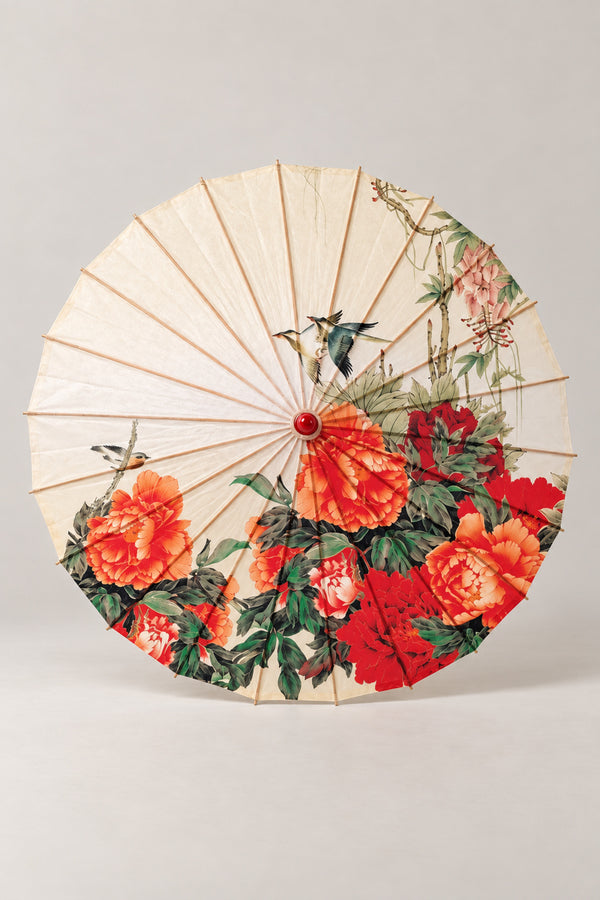 Cream Peony Oil Paper Umbrella 'Botanmai' – cream parasol printed with red peonies, a hummingbird and a blue bird, Japanese wagasa parasol with wooden frame and paper-effect canopy, open, studio view