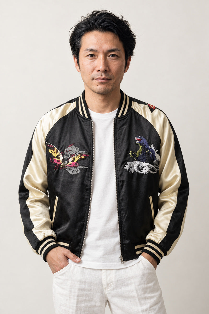 Cream Sleeve Yokosuka Jacket 'Umiwashi' – black sukajan with cream satin-look sleeves and embroidered eagle, Yokosuka souvenir bomber jacket, front view on model