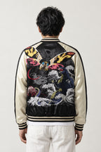 Cream Sleeve Yokosuka Jacket 'Umiwashi' – back view of black and cream sukajan showing the embroidered eagle over waves