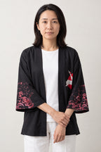 Crimson Peony Kimono Jacket 'Enji' – black women's kimono jacket with crimson peony and white crane print, Japanese haori style cardigan, front view on model