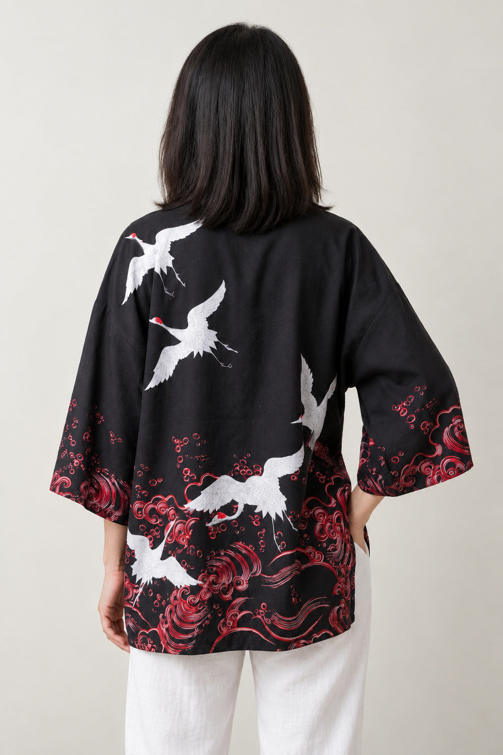Crimson Peony Kimono Jacket 'Enji' – back view of black kimono jacket showing red peony flowers and flying cranes print