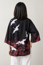 Crimson Peony Kimono Jacket 'Enji' – back view of black kimono jacket showing red peony flowers and flying cranes print