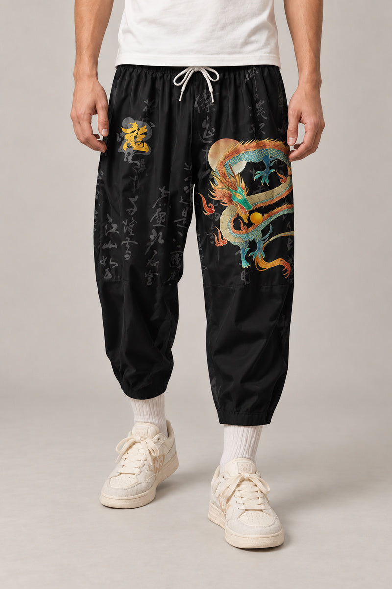 Cropped Japanese Print Pants 'Jukkei' – black cropped pants with golden dragon, front view on model