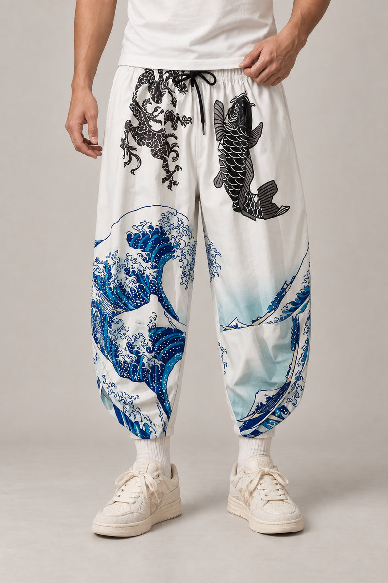 Cropped Japanese Print Pants 'Jukkei' – white cropped pants with great wave and koi carp, front view on model