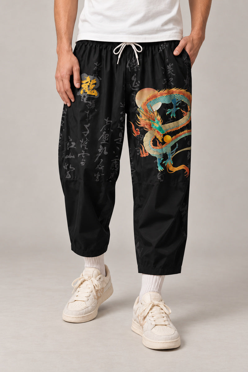 Cropped Japanese Print Pants 'Jukkei' – black cropped pants with golden dragon print, front view on model