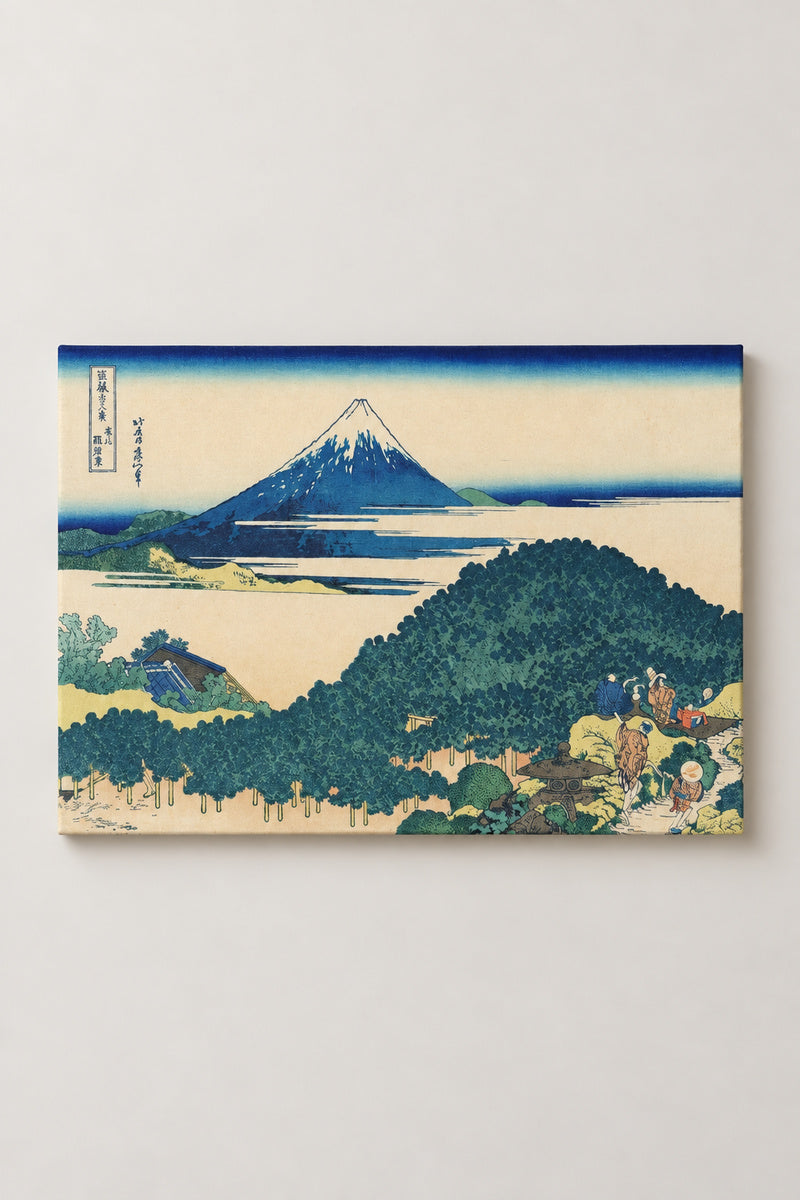 Cushion Pine Ukiyo-e Poster 'Enzamatsu' – Cushion Pine at Aoyama, round-topped pine and Fuji from Hokusai's Thirty-six Views of Mount Fuji, ukiyo-e canvas print on wooden frame, Japanese wall art, studio view