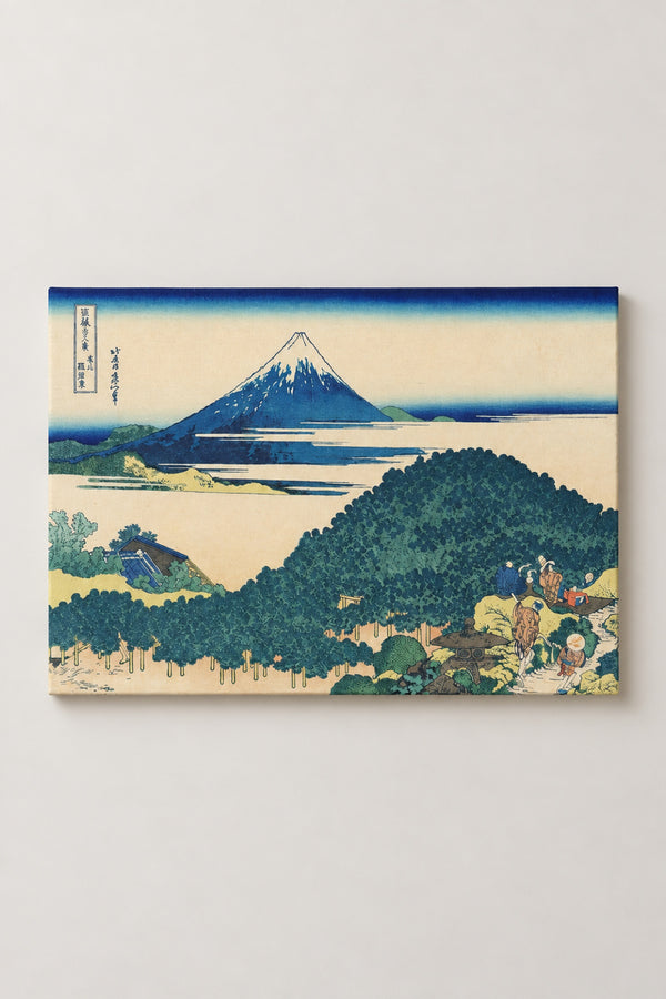 Cushion Pine Ukiyo-e Poster 'Enzamatsu' – Cushion Pine at Aoyama, round-topped pine and Fuji from Hokusai's Thirty-six Views of Mount Fuji, ukiyo-e canvas print on wooden frame, Japanese wall art, studio view
