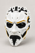 Cyberpunk Mask 'Kikai' – white armoured cyberpunk full face mask with gold accents, black mesh eyes and crown of clips, studio view
