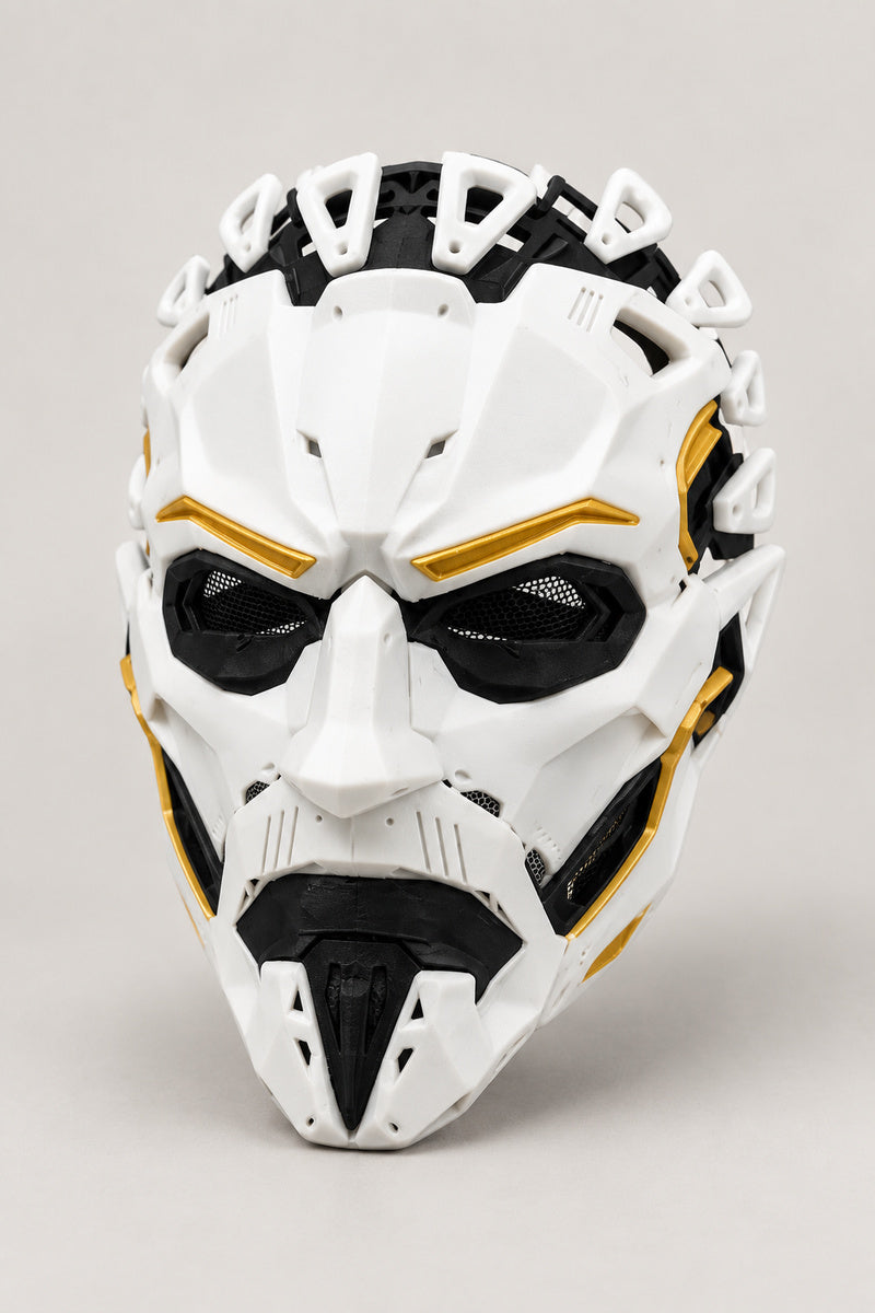 Cyberpunk Mask 'Kikai' – white armoured cyberpunk full face mask with gold accents, black mesh eyes and crown of clips, studio view